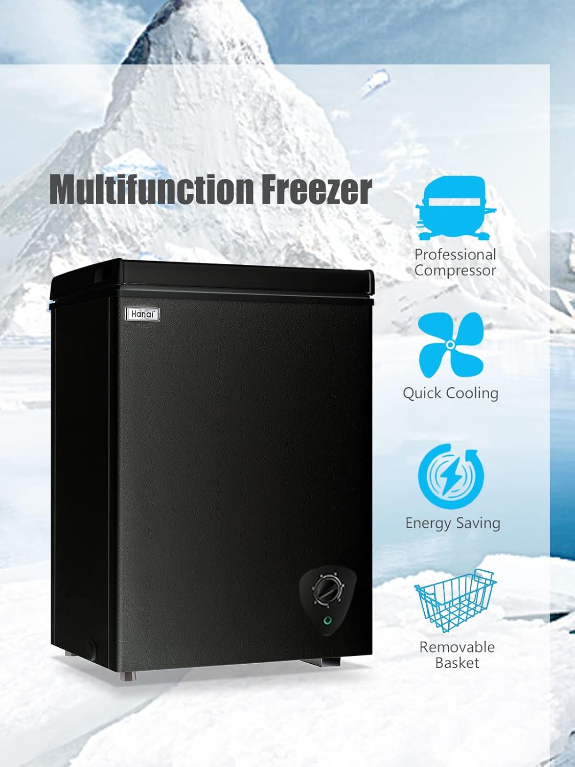 Chest Freezer Small Freezer Black Deep Freezers 3.5 Cu.Ft Compact Free-Standing Top Door Adjustable 7 Thermostat and Removable Basket Open Deep Freezer Energy Saving Apartment Kitchen