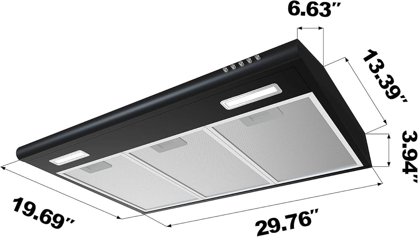 CIARRA Black Range Hood 30 inch Under Cabinet Ductless Range Hood Vent for Kitchen with Anti-fingerprint Design, 3 Speed Exhaust Fan
