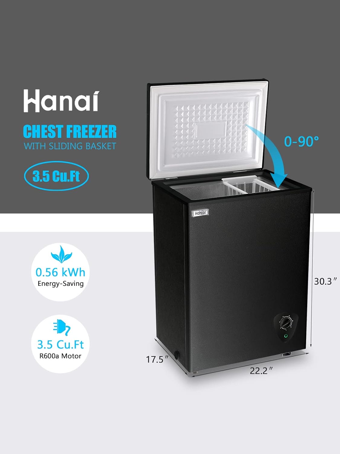 Chest Freezer Small Freezer Black Deep Freezers 3.5 Cu.Ft Compact Free-Standing Top Door Adjustable 7 Thermostat and Removable Basket Open Deep Freezer Energy Saving Apartment Kitchen