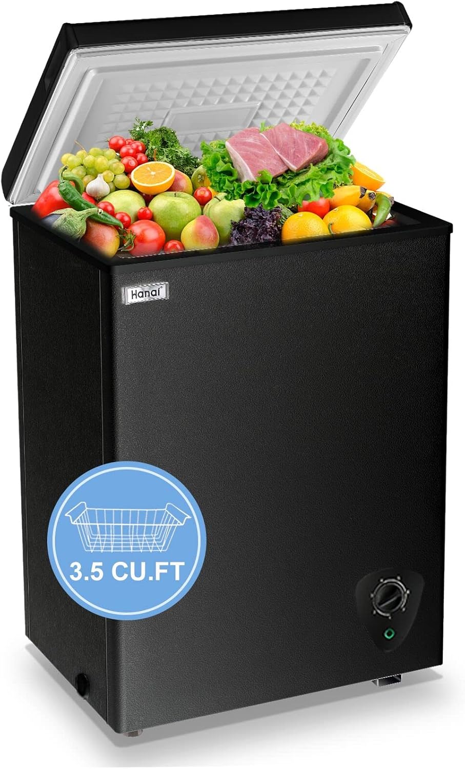 Chest Freezer Small Freezer Black Deep Freezers 3.5 Cu.Ft Compact Free-Standing Top Door Adjustable 7 Thermostat and Removable Basket Open Deep Freezer Energy Saving Apartment Kitchen