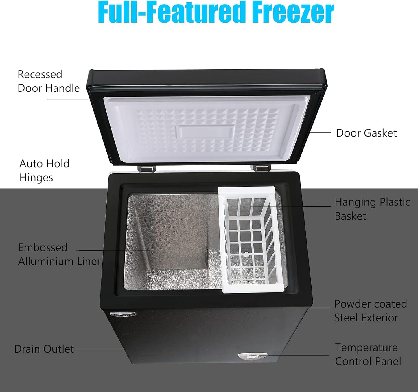 Chest Freezer Small Freezer Black Deep Freezers 3.5 Cu.Ft Compact Free-Standing Top Door Adjustable 7 Thermostat and Removable Basket Open Deep Freezer Energy Saving Apartment Kitchen