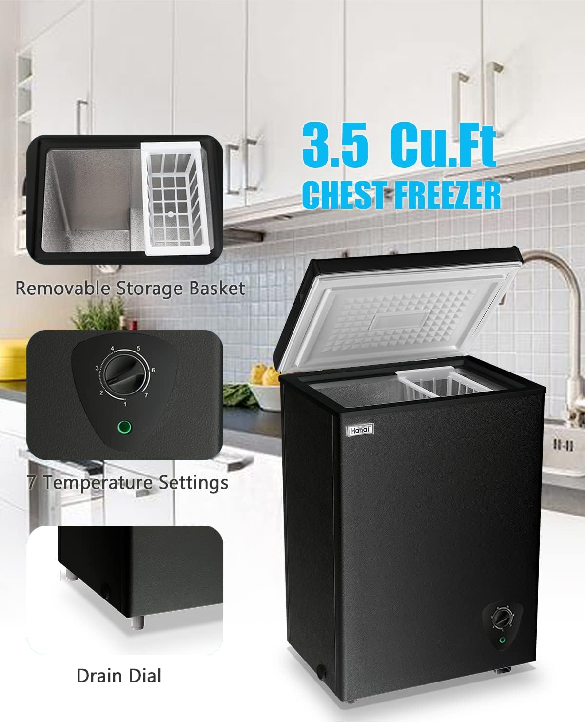 Chest Freezer Small Freezer Black Deep Freezers 3.5 Cu.Ft Compact Free-Standing Top Door Adjustable 7 Thermostat and Removable Basket Open Deep Freezer Energy Saving Apartment Kitchen