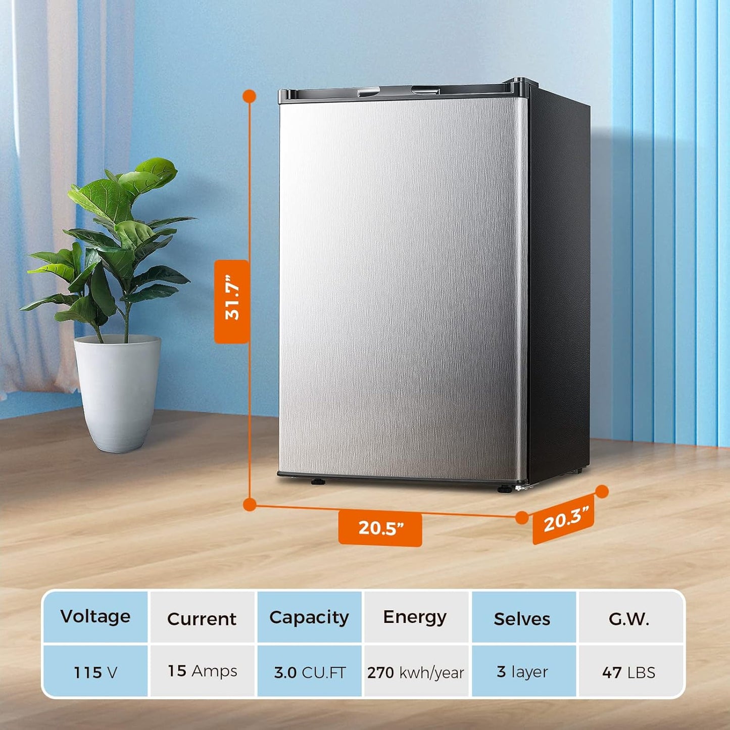 Kismile Small Freezer Upright, 3.0 Cu.ft Mini Freezer with Adjustable Thermostat, Removable Shelves, Reversible Single Door, Stand Up Freezer for Bedroom/Home/Dorms/Apartment (Stainless Steel)